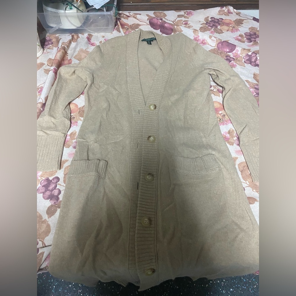Tan long cardigan Lauren jeans by Ralph Lauren Sz L